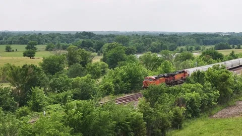 Freight train coming in creates parallax effect with trees. Stock-Footage 243599308