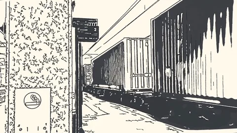 Freight train with container passes at speed on the train station Stock Footage 89107344