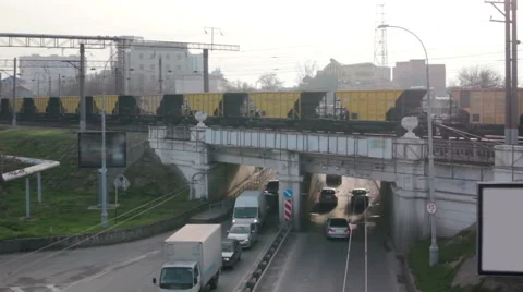 Freight Train with Containers Moving Through the City Stock Footage 61036306