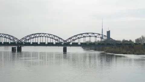 Freight train crossing railway bridge 스톡 동영상 89238433