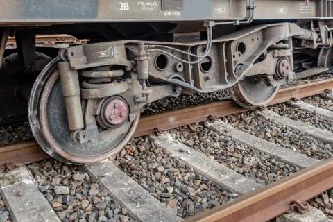 Freight train with derailed wheel set Stock Photos