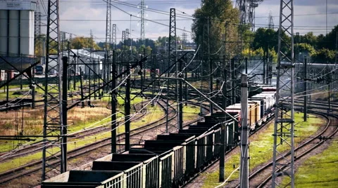 Freight train enters a curve Stock Footage 55765278