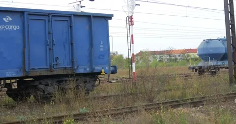 Freight Train Fast Moves On The Railroad Track Blue Freight Wagon Rails Traffic Stock Footage 54838773