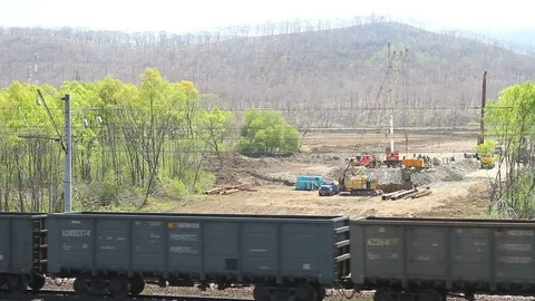 The freight train goes on rails in the Far East of Russia Stock Footage 77786466