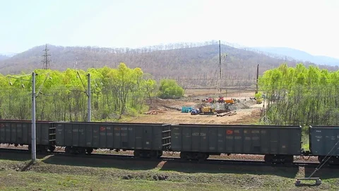 The freight train goes on rails in the Far East of Russia Stock Footage 78082537