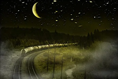 Freight train goes under sky with huge stars. Stock Photos