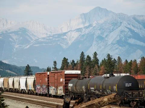 Freight train with graffiti passing through Jasper, Alberta, Canada. Rocky Stock Photos