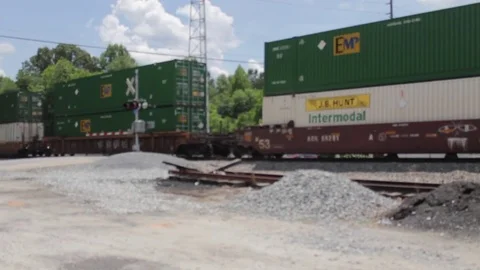 Freight Train Hauling through North Georgia -mid shot Stock Footage 83058377