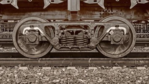 Freight train, iron wheels train close-up, black and white color Stock Photos