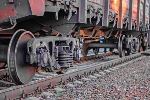 Freight train, iron wheels train close-up, color photograph Stock Photos