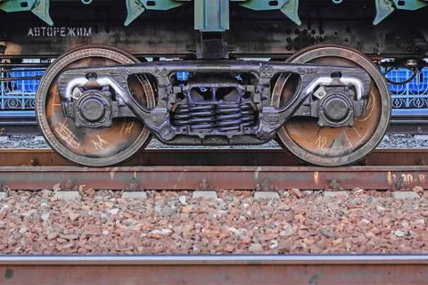 Freight train, iron wheels train close-up, color photograph Stock Photos