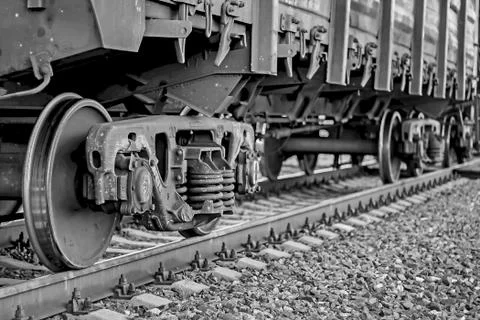 Freight train, iron wheels train close-up, black and white color Stock Photos