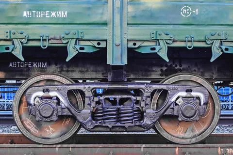 Freight train, iron wheels train close-up, color photograph Stock Photos
