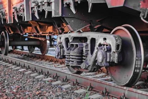 Freight train, iron wheels train close-up, color photograph Stock Photos