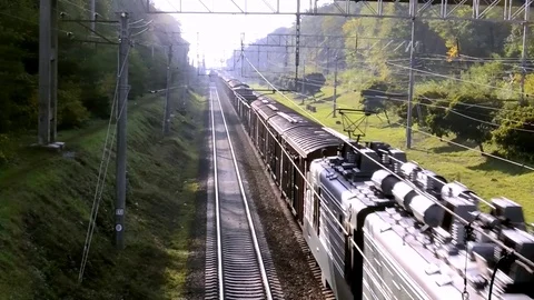 Freight Train With Many Cargo From The Top View Video stock 84803552