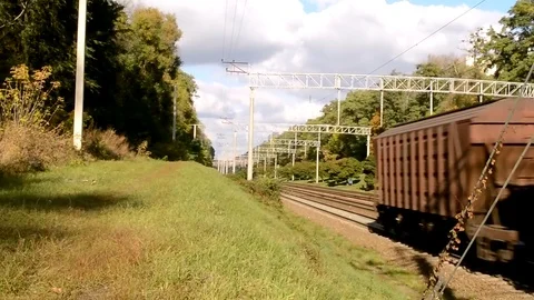 Freight Train Moved Away At The Camera Turn View Stock Footage 84803560