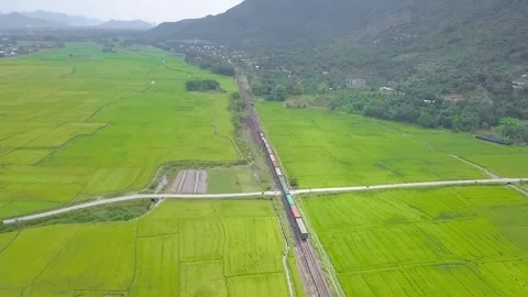 Freight train moves through the green fields past the mountains Stock Footage 236086886