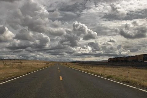 Freight train moving along lonely road under cloudy sky 库存照片