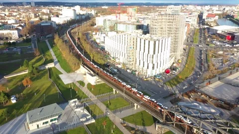 A freight train moving on a railway bridge. Frankfurt city bridge Stock Footage 295748579