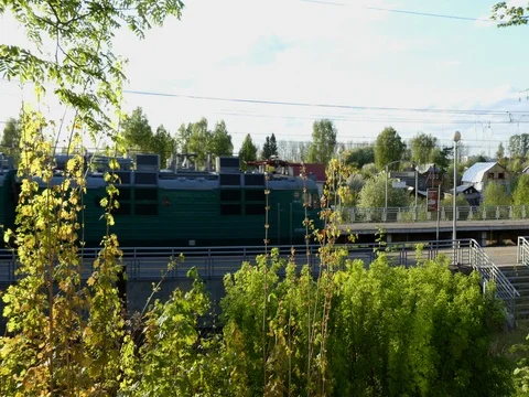Freight train moving rural environment Stock Footage 77582549