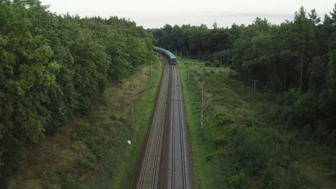 Freight train moving through the forest from aerial view. Freight transportation Stock Footage 232605924