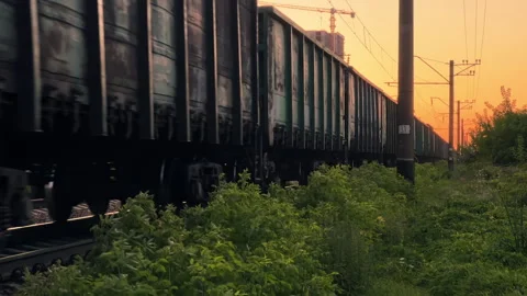 Freight Train Moving Toward Sunset: Cargo Wagons on Railway Track with Overgrown Vídeos de archivo 344776602