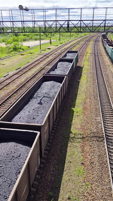 A freight train with open wagons filled with coal moves along railway tracks Stock Footage 301948078