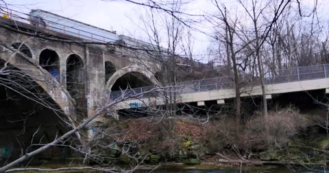Freight Train over bridge Stock Footage 58300430