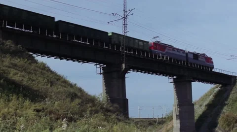 Freight Train Passes Over The Railway Bridge, Trans-Siberian Railway Stock Footage