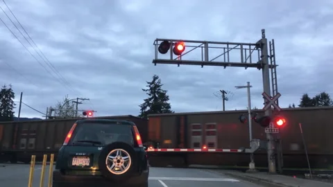 Freight Train Passing by Car Stopped at Railroad Crossing with Flashing Warning Vídeos de archivo 345271120