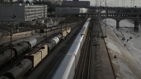 Freight train passing in downtown Los Angeles aerial view Stock Footage 59582458