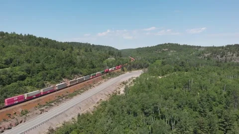 Freight Train Passing by Forest in Canada Stock Footage 142901051