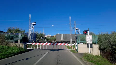 Freight train passing at level crossing viewed from waiting car on sunny day Video stock 322613995
