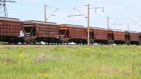 Freight train passing through the field at noon Stock Footage 103427609