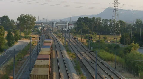 Freight train passing top view Stock Footage 1080701