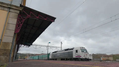 Freight train pulled by a Renfe company locomotive Stock Footage 234073093