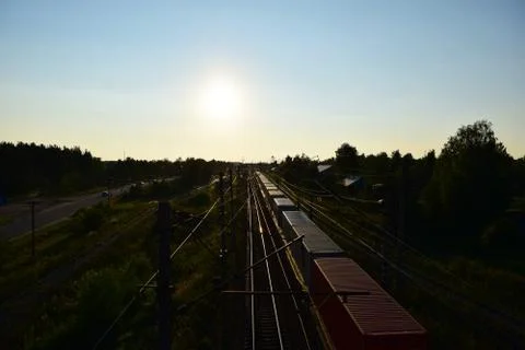 A freight train on the railroad. Stock Photos