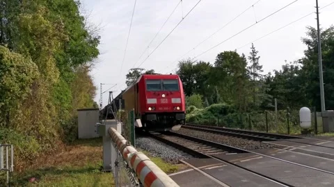 A freight train with a red E-locomotive passing through rural level crossing Stock Footage 306933394
