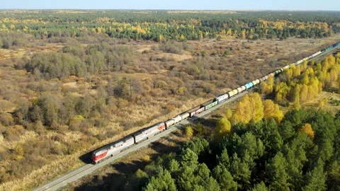 Freight train ride through vibrant autumn landscape in remote wilderness Stock Footage 306300652