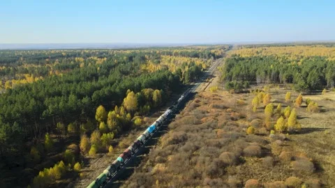 Freight train ride through vibrant autumn landscape in remote wilderness Stock Footage 306300656