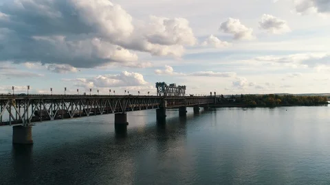 Freight train rides over the bridge Stock Footage 94675522