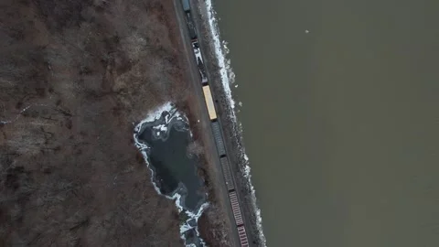 Freight Train on River Hudson River Valley New York Drone Aerial View Stock Footage 236426911