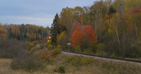 A freight train rounds a curve north of Lake Huron, Ontario, Canada Stock Footage 86081474