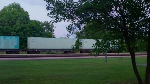 Freight train with shipping containers passing through Turmantas, Lithuania Stock Footage 340863365