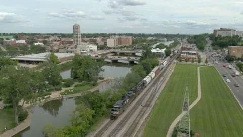Freight Train Sweep along Fox River Stock Footage 202188267
