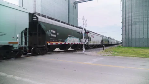 Freight Train Transit Through Rural Agricultural Landscape and Grain Silos Stock Footage 245884384