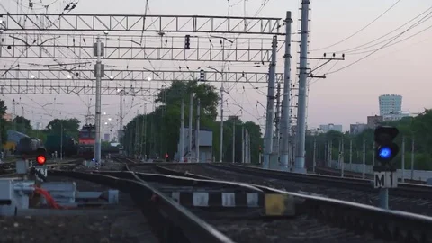 Freight train traveling on the paths in the evening Stock Footage 69168886