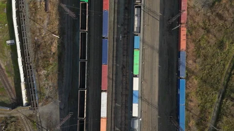 Freight train is traveling by railway at the sorting station in autumn day Stock Footage 287851665