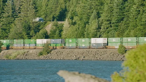 Freight train travels on Oregon side of Columbia Gorge - Day Видео 234766239