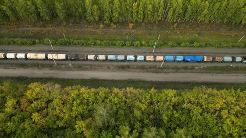 Freight train wagons passing through in the autumn forest aerial view. Cargo Stock Footage 254865379